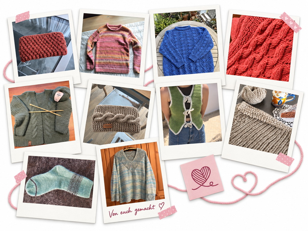 Collage aus gestrickten und gehäkelten Lieblingsstücken der yarni Community.