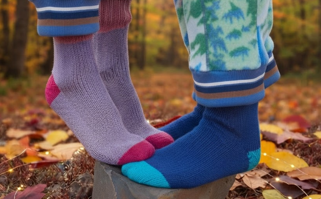 Socktober: Socken in Lila, Pink und Blau vor herbstlichem Laub.
